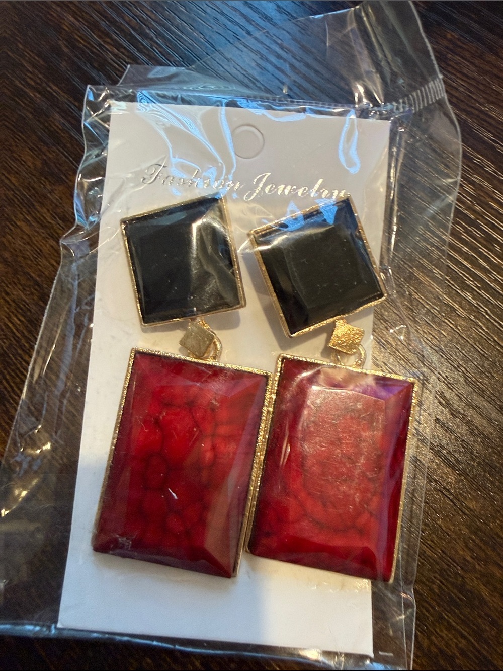 Fashion Jewelry Gold-Tone Red and Black Geometric Drop Earrings